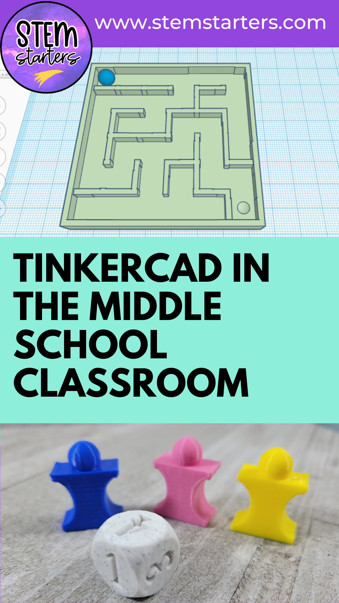 title for teaching 3d printing to middle school or intermediate students with maze and game piece projects shown