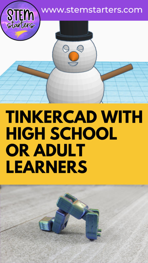 title for teaching 3d printing to high school or adult learners and shows snowman and aritculated snake projects